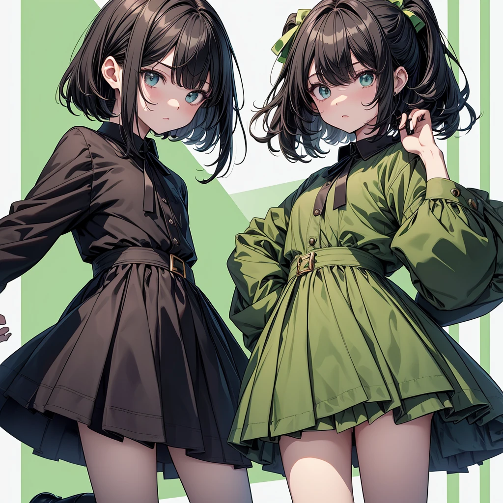 1girl、Simple green background、(((Highest quality、Masterpiece、Official Art、Super detailed、Golden Ratio、Anime Style、The best dynamic composition)))、Keyakizaka46、Silent Majority、Dark green dress、A-type dress、Above the knee、Black knee-high socks、Black Loafers、uniform、Red ribbon on chest、White shirt、Face close-up、Black hair color、Shortcuts、