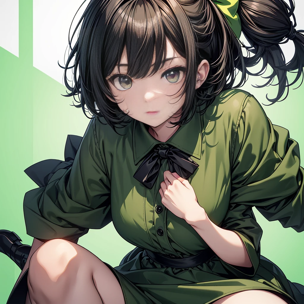 1girl、Simple green background、(((Highest quality、Masterpiece、Official Art、Super detailed、Golden Ratio、Anime Style、The best dynamic composition)))、Keyakizaka46、Silent Majority、Dark green dress、A-type dress、Above the knee、Black knee-high socks、Black Loafers、uniform、Red ribbon on chest、White shirt、Face close-up、Black hair color、Shortcuts、