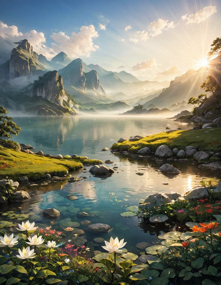 Namaste. Person meditating. Loose Clothes. Beautiful landscape of an enchanting valley. dream world. Symbols of nature. Feeling of Fullness. details Intricate. cinematic lighting