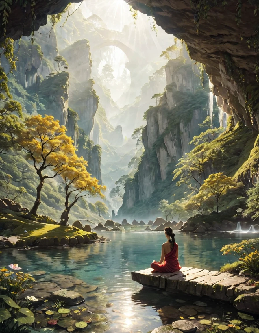 Namaste. Person meditating. Loose Clothes. Beautiful landscape of an enchanting valley. dream world. Symbols of nature. Feeling of Fullness. details Intricate. cinematic lighting