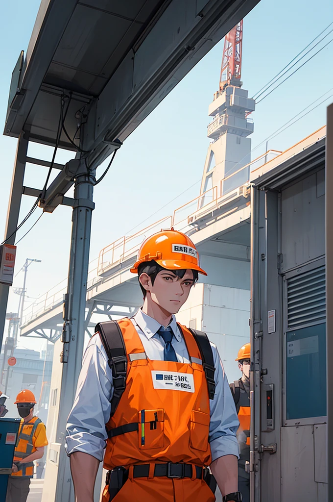 a man in safety vests is suspended from a crane, worksafe. illustration, safe for work, worksafe. instagram photo, worksafe. cgsociety, worksafe.cgsociety, (sfw) safe for work, worksafe, worksafe. dramatic, funny illustration, print ready, illustartion, safebooru, promo image, 1men wearing white safety helmet and orange wearpack uniform, boiler, package boiler, focus showing the workers, safety body harness, safety googles, white safety helmet, orange wearpack worker