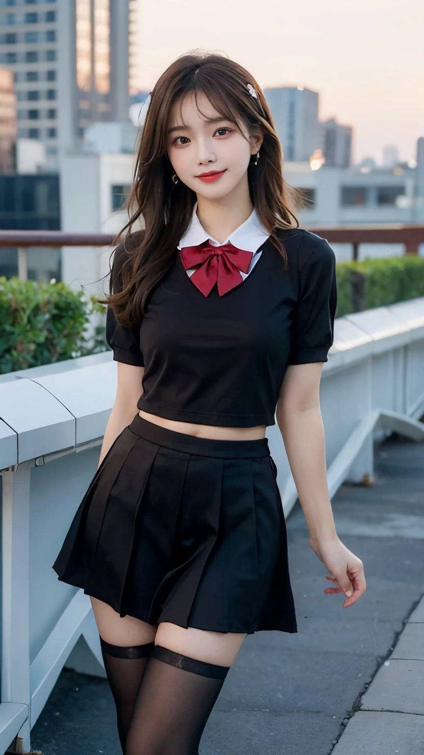 Best quality， Ultra-high resolution， Face Focus（truly：1.6），Cute hairpin，Baoyu girl，1 Girl, Beautiful slim woman:1.4, Abdominal muscles:1.2, (Brown hair,Medium breasts:1.4), shirt:1.1, Rooftop（Depth of Field：16）,Rooftop,Red sunset,Ultra-thin face，Exquisite eyes，Double eyelids，Smile，whole body，Thin legs，Long legs，Standing，Dance moves，Slender legs，I can see your thighs，白色shirt，Bow tie，JK Skirt，Collar（1.8），Black translucent stockings（1.6）