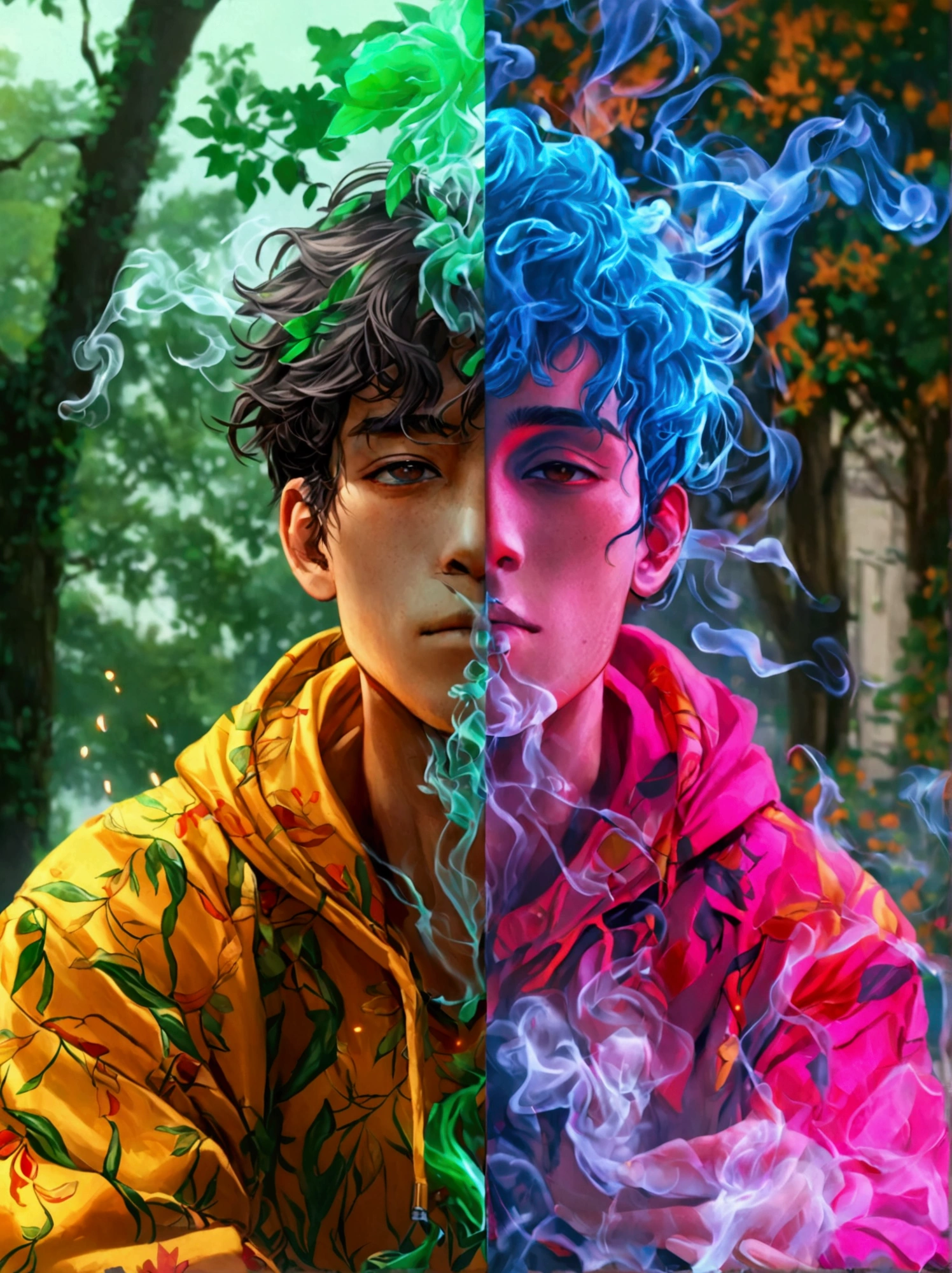 (poster), (The picture is divided into two parts, left and right), Showing contrasting lifestyles, (The left side shows a photo of a handsome man full of energy and vitality jogging in a lush green park), Symbolizes positivity, The warmth of a smoke-free lifestyle, Happy and healthy, (The right side shows a pale face, Photos of sickly girl, sitting alone, cigarette in his hand, The background is a gloomy and gloomy city), Symbolizes the gloom and adverse effects of smoking, UHD, masterpiece, accurate, anatomically correct, textured skin, super detail, best quality, 8k