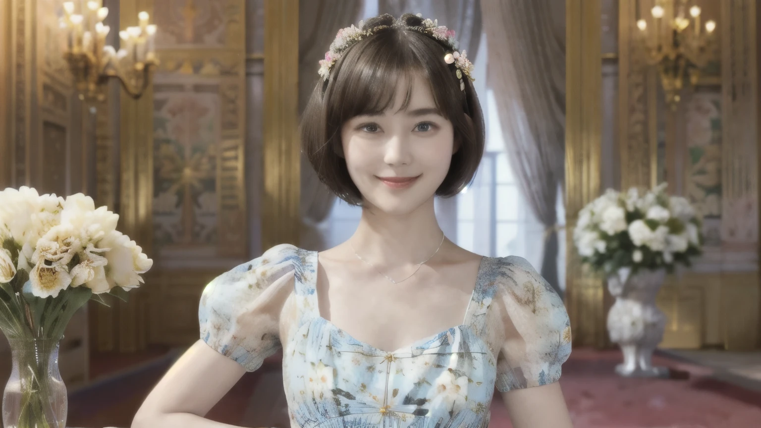 267 (20-year-old princess,Are standing), (Tabletop), ((short hair:1.46)), (chest:1.46), Old-fashioned smile, (Floral Dress:1.46), (Majestic Palace:1.46) 80