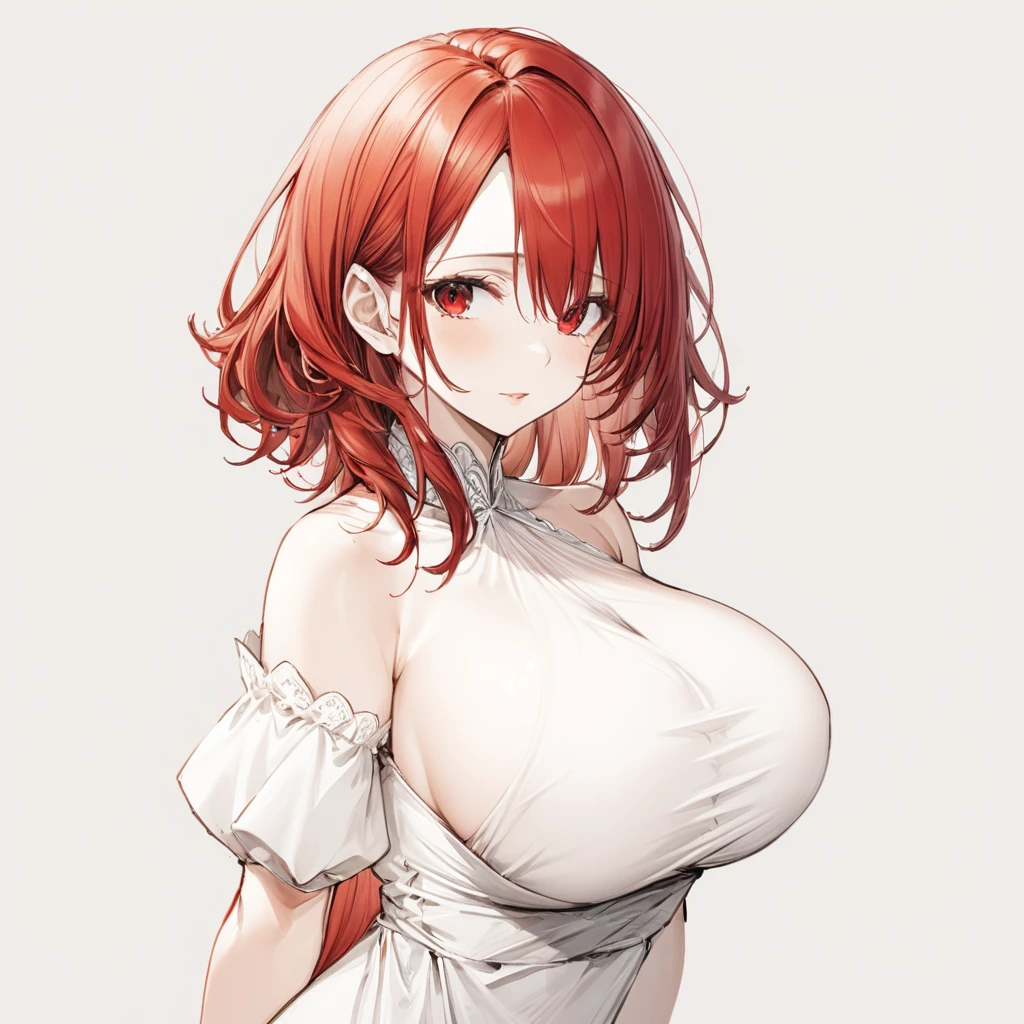 1 Girl, Mature, Red hair, Red Eyes, Large Breasts:1, White Dress, Simple background,