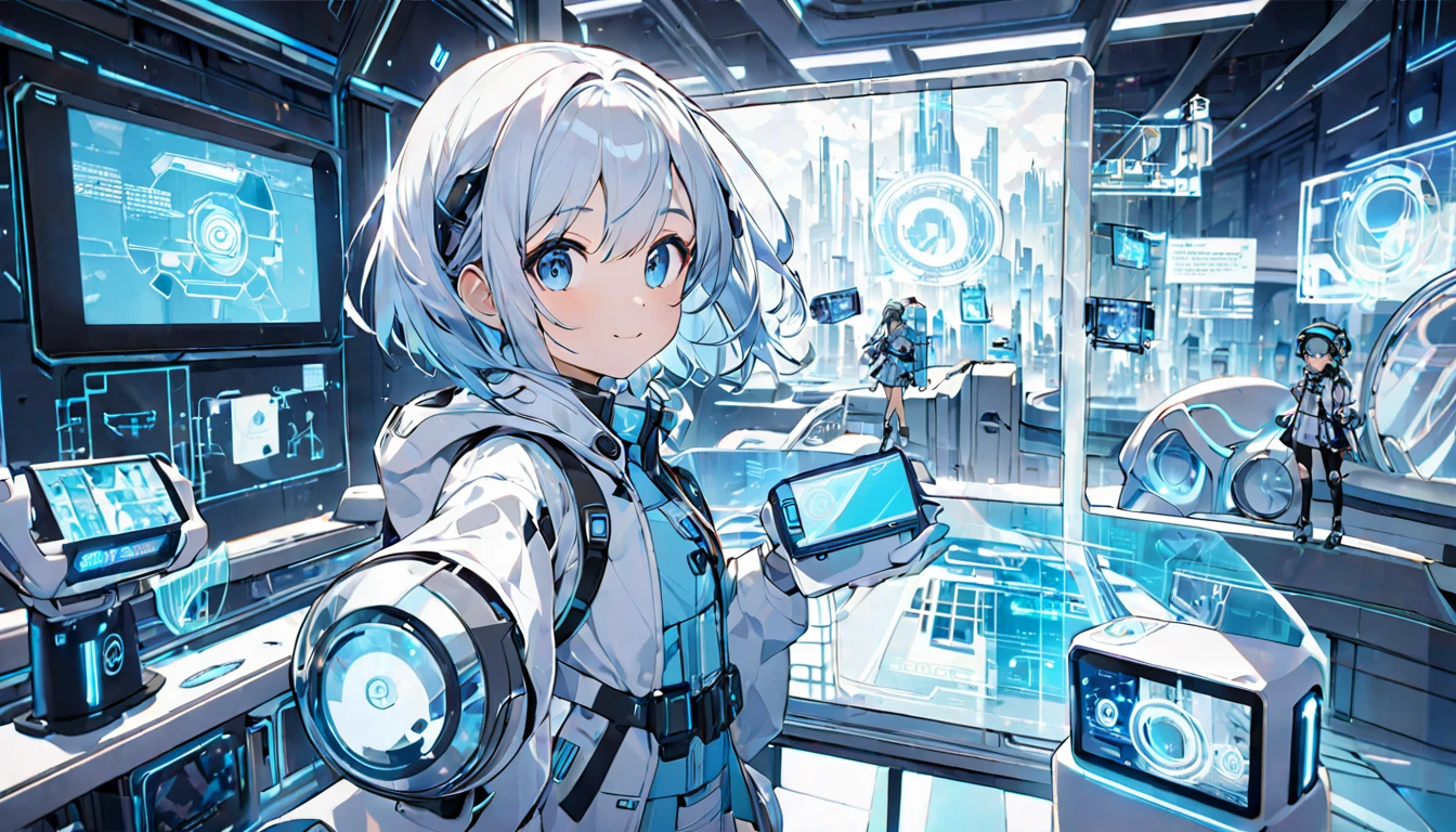 Background features: Future City、Holographic display character:
Costume: Futuristic explorer outfit、Blue and white color palette gadget: High-tech equipment and devices pose: A hologram is displayed on the hand