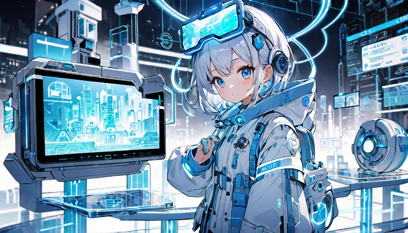 Background features: Future City、Holographic display character: 
  Costume: Futuristic explorer outfit、Blue and white color palette gadget: High-tech equipment and devices pose: A hologram is displayed on the hand
