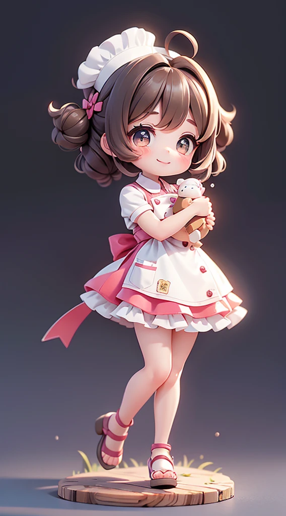 Theme: cute pastry chef,Make a series of adorable baby chibi style african dolls, Each one is rich in details,Resolution reaches 8K. All dolls should follow the same solid background pattern,And complete in the image, show (whole body, Including legs: 1.5)
Mini chef doll: Call her Marina. She must have short dark brown hair. Your eyes should be large and expressive, With long eyelashes and rosy cheeks. The smile is delicate and fair. Sophie must wear a chef's uniform, Striped pants and a fancy chef hat. She must have a chocolate Commodore in her hand. Certifique-se de adicionar detalhes nas clothing, Such as buttons and pockets, Beautiful shoes must be shaded, Hair texture and details, clothing, Candy utensils, Make them more lovely and charming.