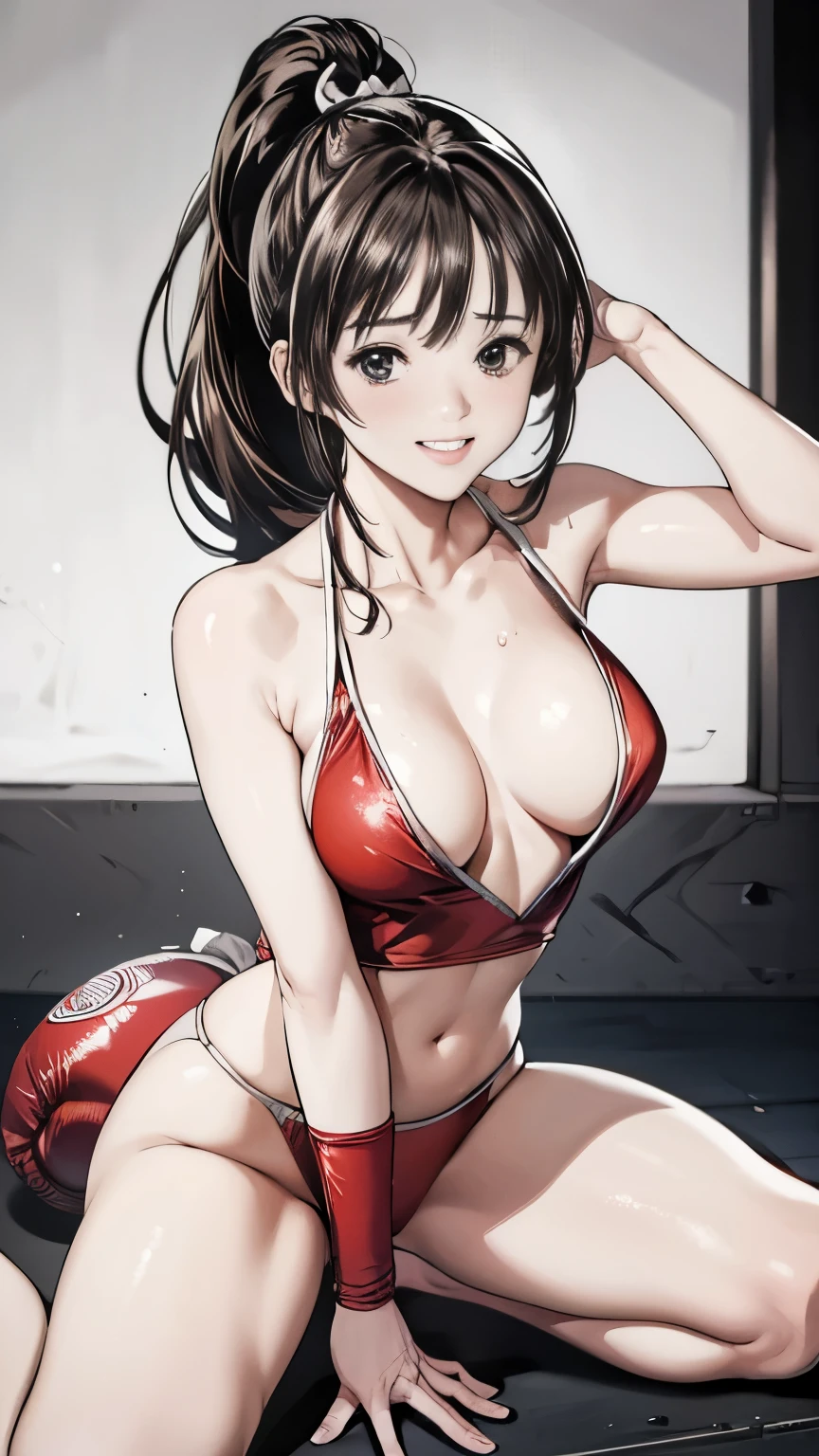  girl ,,  (Boxing Ring、Large crowd), blush、(smile)、Sweaty body、Wet Hair,  Underarm, Big Breasts, (High color saturation:1.0),  (Very detailed肌), (Highest quality:1.0), (Ultra-high resolution:1.0) ,(Realistic:1.0), (Very detailed:1.0), (8k, RAW Photos:1.1)、Small breasts、Spread your legs、、ponytail、Mai Shiranui、Mai Shiranuiのコスチューム、Fighting Pose、