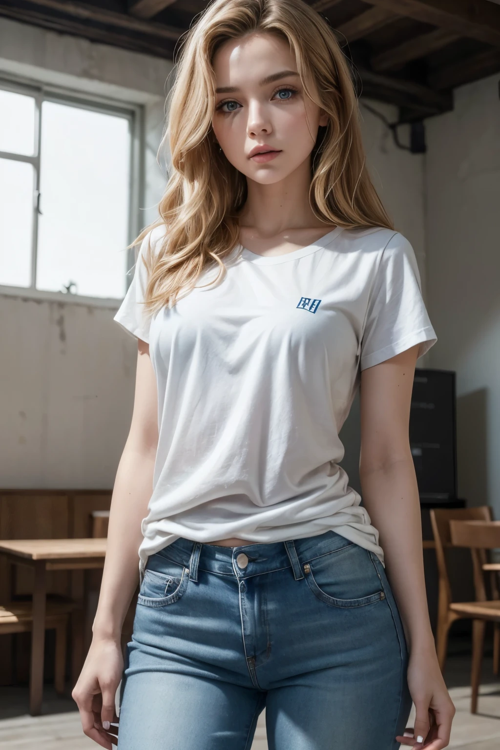 A sexy influencer, Dark Blonde Wavy Hair, blue eyes, Natural makeup, trained, use a bh, a white t-shirt and jeans, Strand, dynamic lighting, masterpiece, extremely detailed, movie scene, dramatic photo, perspective, vignette, filmic, close to serious face