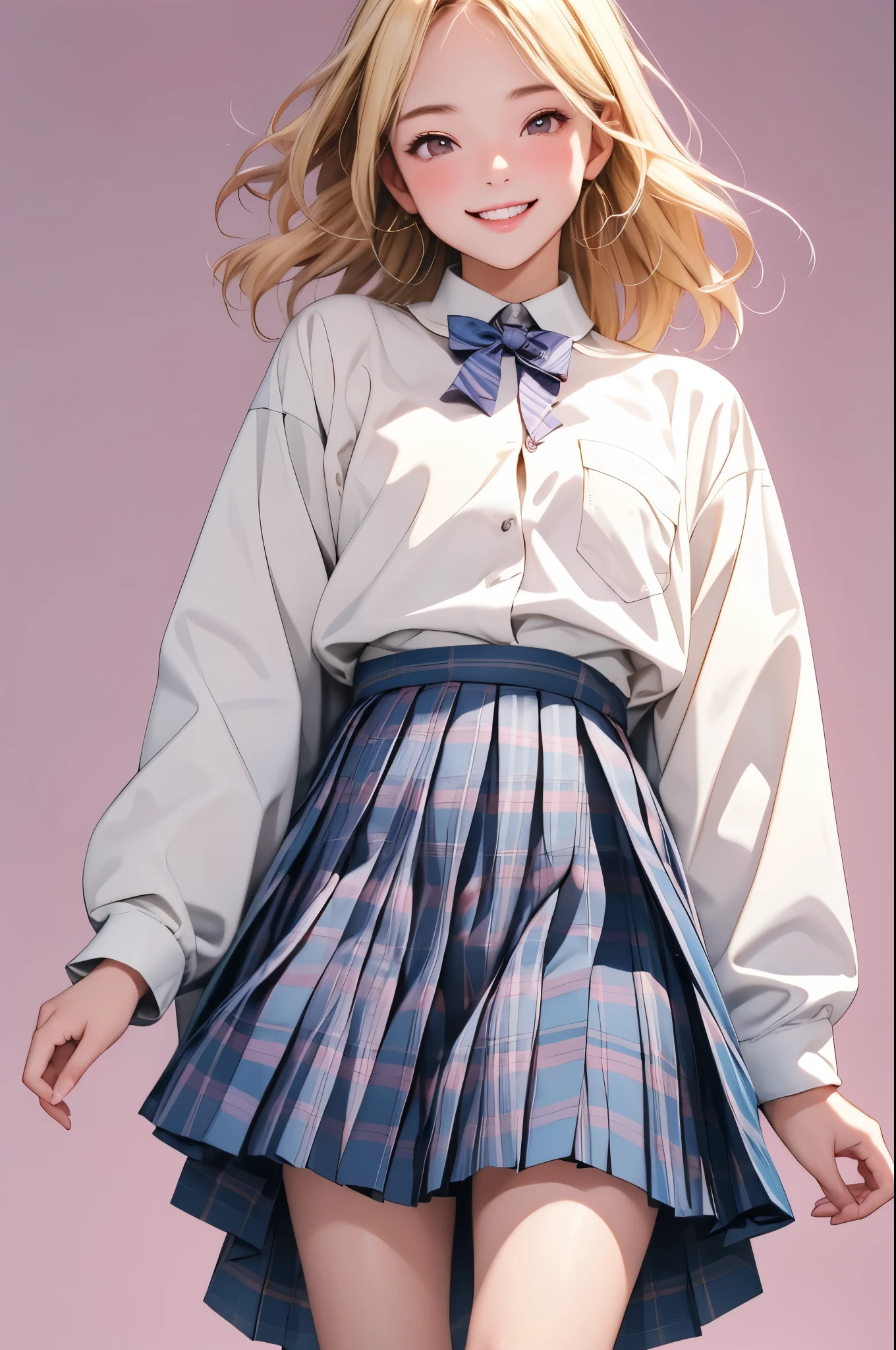 high resolution,smile,happy,light smile,woman,woman1人,adult,Clear,cute, Blonde Hair,BREAK, Brown eyes,BREAK, high school girl,uniform,white long sleeve y-shirt,BREAK,Pleated skirt with dark blue plaid pattern,BREAK, Facing forward,BREAK,Pink background,