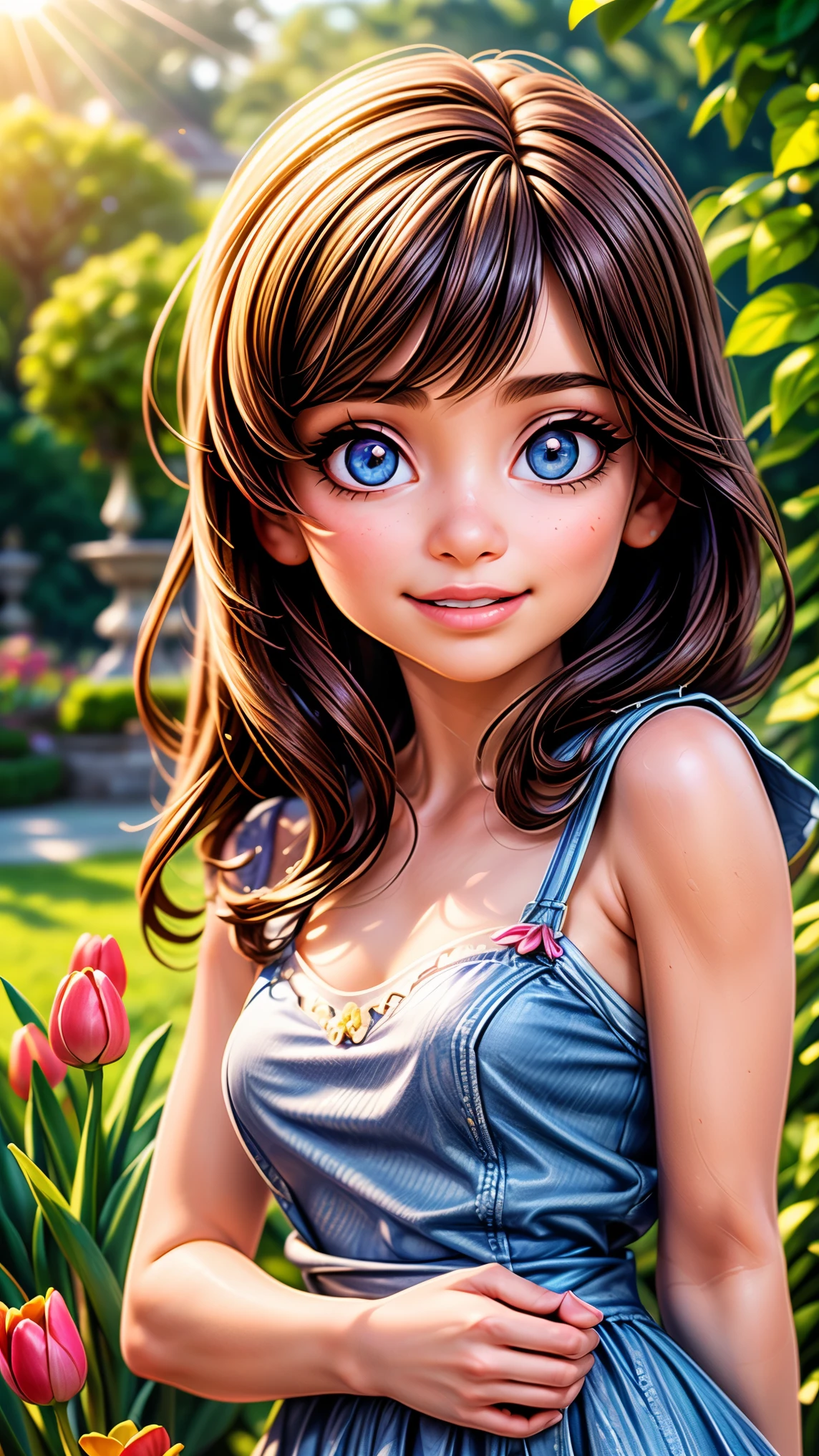 1girl, beautiful detailed eyes, beautiful detailed lips, extremely detailed eyes and face, long eyelashes, cute girl, smiling, holding tulips, garden, sunlight, spring, vibrant colors, (best quality,4k,8k,highres,masterpiece:1.2),ultra-detailed,(realistic,photorealistic,photo-realistic:1.37),vivid colors,natural lighting,soft focus,impressionist style