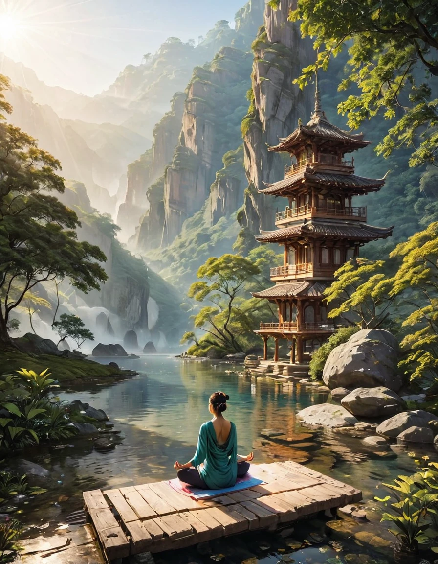 Namaste. Person meditating. Loose Clothes. Beautiful landscape of an enchanting valley. dream world. Symbols of nature. Feeling of Fullness. details Intricate. cinematic lighting