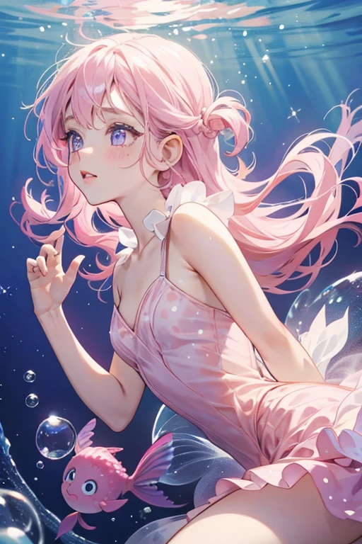 masterpiece, best quality, ultra detailed, 8k, high res, girl, surrounded by pink water and bubbles, anime, anime illustration, anime by sam does art