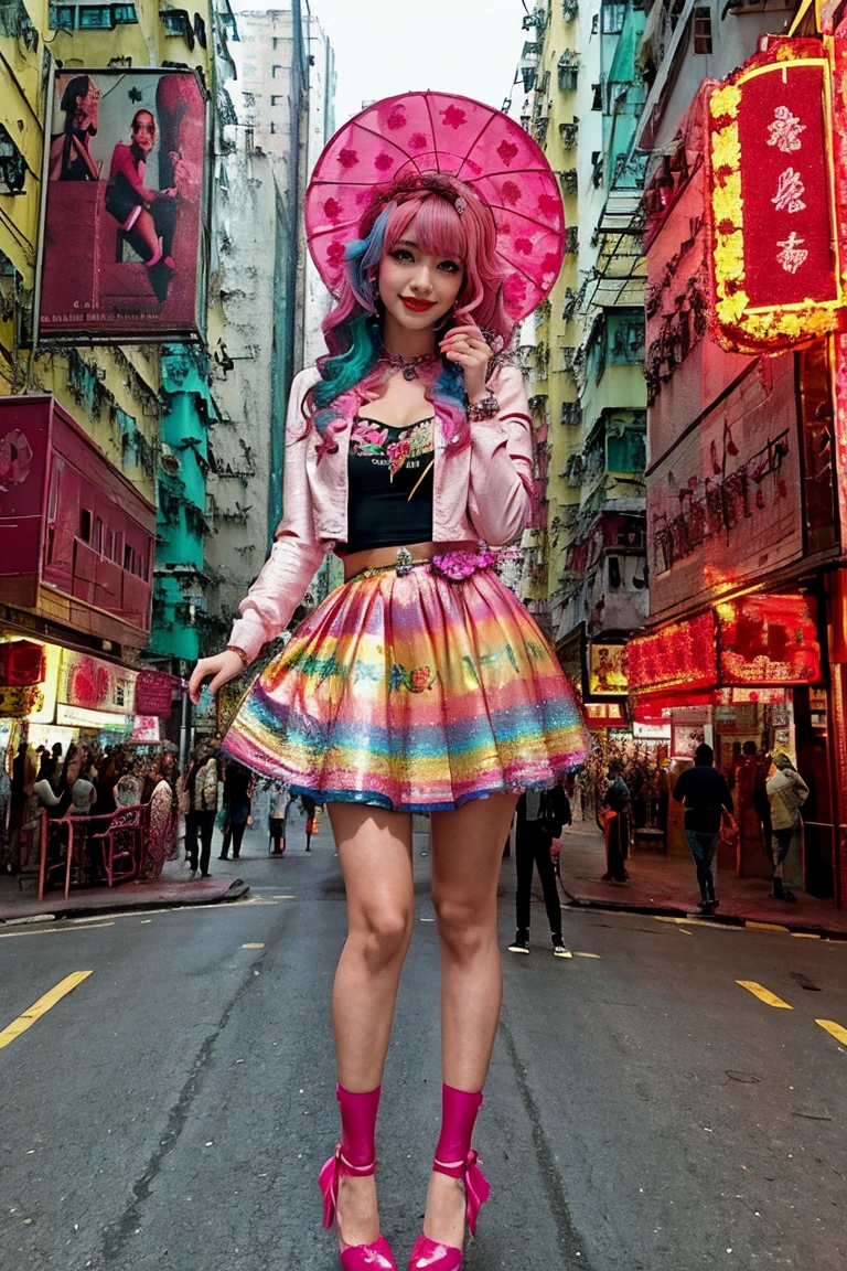 hong kong, day, (Awkward,blush :1.3), (giant tulip in the street, Alafi girl hold huge tulip and point to the viewer, huge tulip), y 2 k cutecore crowncore, Lovely Decora Rainbow Core, Lovely high quality rendering, Candy Girl, Deco, Unreal Engine : : Carnival Makeup, Working Girl, raver girl, Glitch Punk Girl, soda themed girl, Lively and cheerful, 80s pin-up style, 