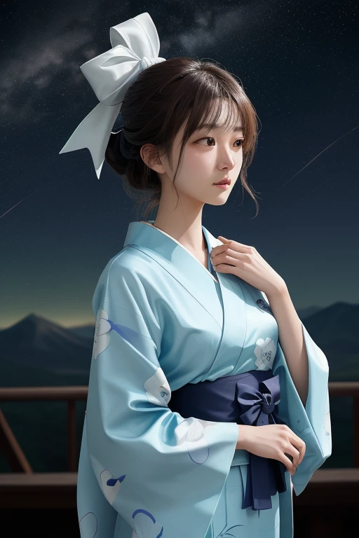 Cosmic Energy, Glow Wave, wallpaper, Miniature Core, Rust and electric green flakes, RTTX 10.0, Ordinary Japanese (girl:1.1) Attend a concert, Sky blue thin silk、Multiple white rabbit designs、Wearing a yukata with a dark blue sash, Looking into the distance, A world where concept art and realism come together, Very detailed, Super detailed, There's a supernova explosion in the sky、A 16-year-old girl wearing a Japanese yukata,A beautiful girl with a slim figure,
