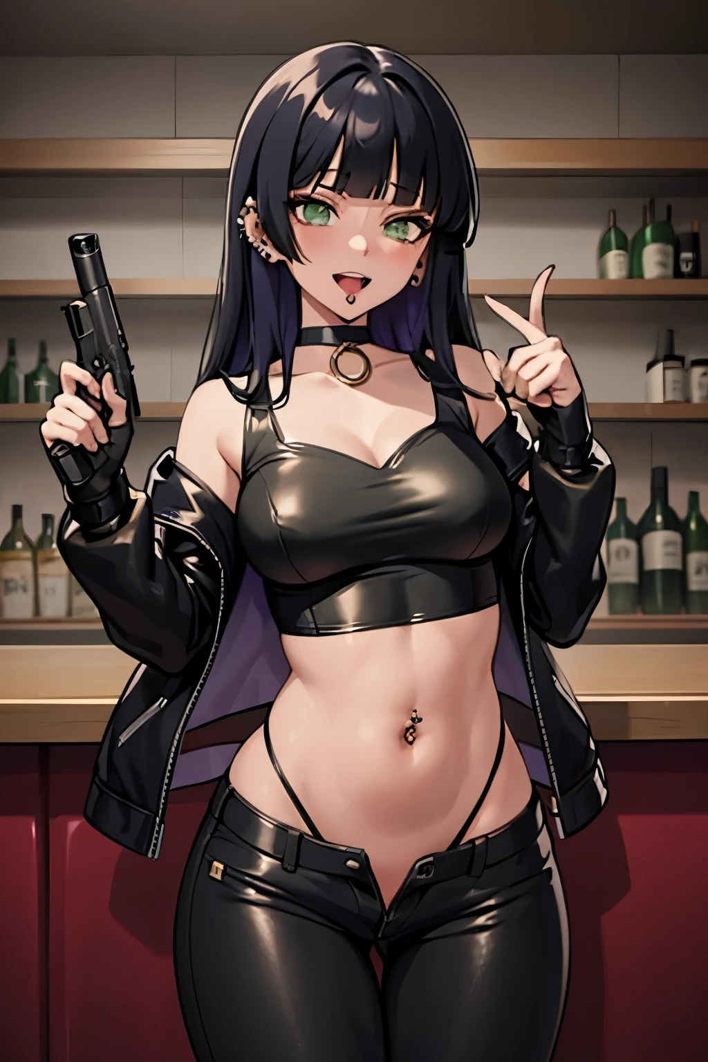 pa-san, blunt bangs, choker, colored inner hair, black hair, purple hair, green eyes,
blush, lipstick,,jewelry, earrings, Hot girl, baddie, bad attitude, mean girl, crazy, smoking, sensual, attractive , bar background, inside bar, indoor, masterpiece, best quality, highly detailed, a girls with a gun, evil smile , open mouth, sexy gaze, badass pose , evil smile, smile, guns blazing, anime girl with long hair, beautiful long haired girl, navel, evil expression, exposed belly, exposed navel, exposed midriff, exposed lower belly, long black pants, crop top, cleavage, unbuttoned leather pants ,open fly, low rise black leather pants, leather jacket, holding a gun, holding pistol, navel piercing