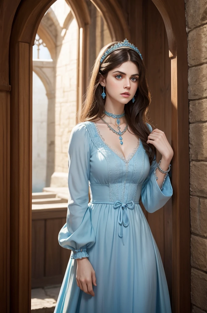Create Alexandra Daddario in a beautiful light blue medieval dress, with jewelry
