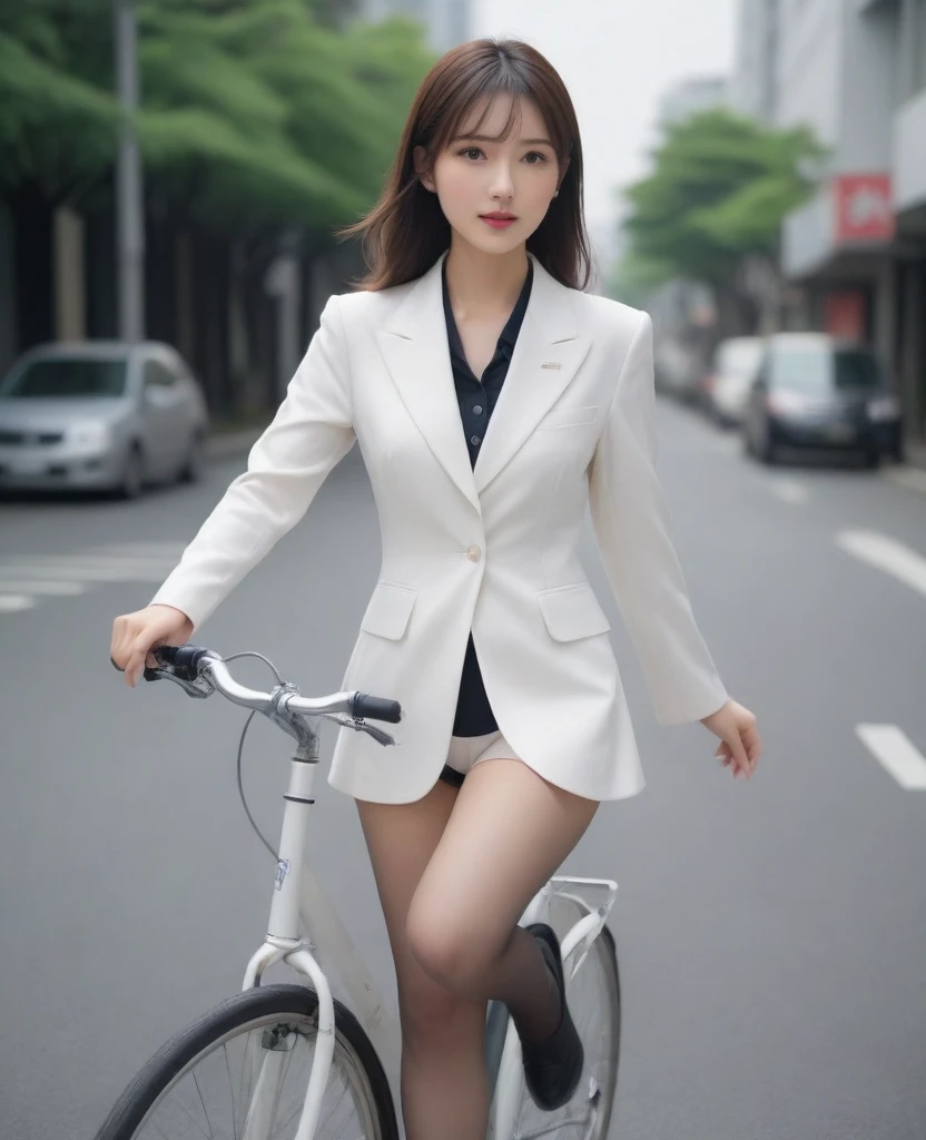 8k, photo realistic, Scores 9, 8, 7, 6, medium closeup, detailed, very sharp, vivid, solo, biking through Tokyo street, high heel, long legs, beautiful eyes, office suits, cycle basket, (((riding bicycle:1.5))), bicycle, short hair, exact front view, very low angle:1.5, going fast,  depth of field, beautiful breasts, slender,  the most beautiful woman, double eyelid, beautiful japanese woman, 25 yo, strong wind, slim beautiful legs, sexy pantie stocking, foot on pedal, hip on saddle, upskirt