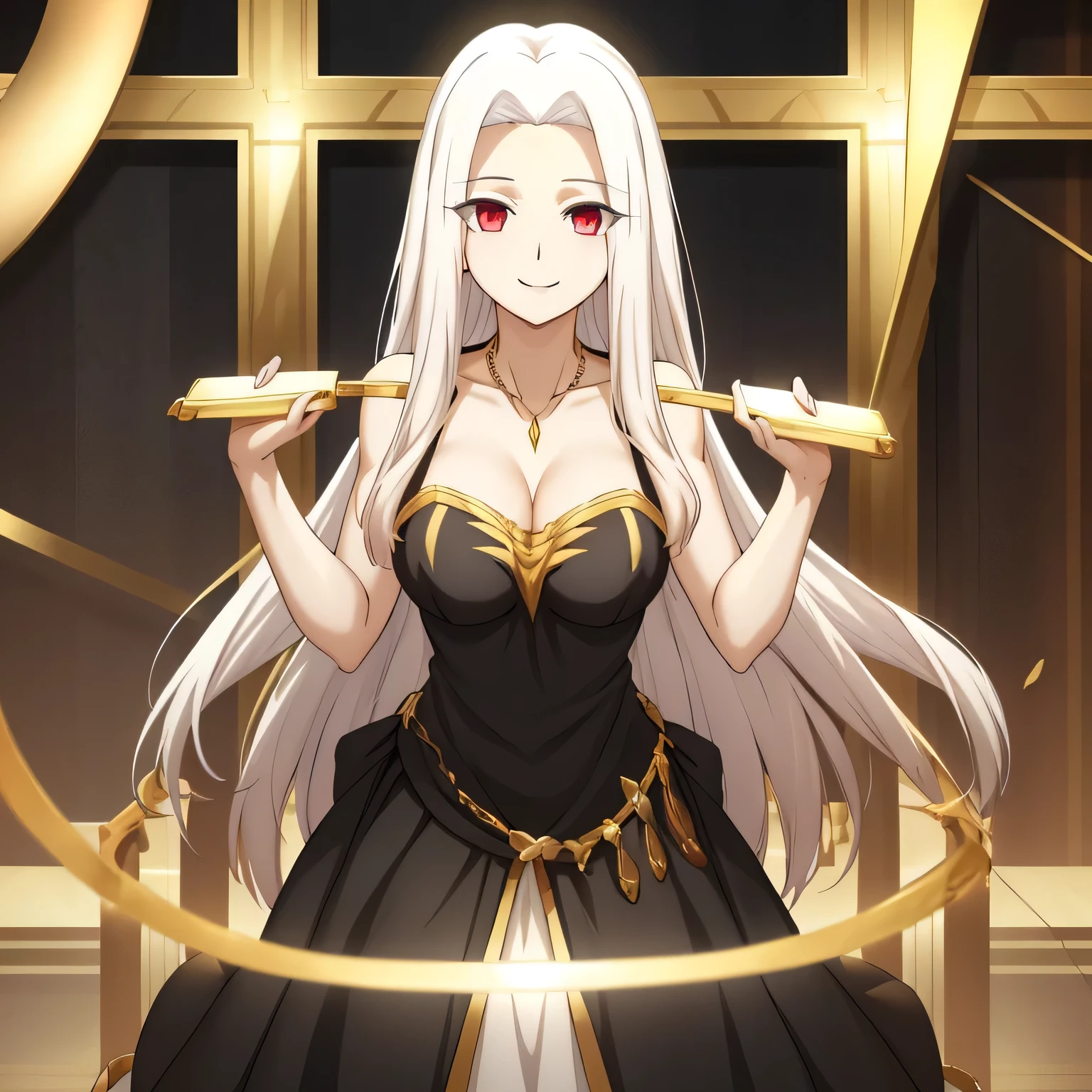Irisviel,black with golden dress sleeveless,solo,looking at viewer,beautiful smile,arm at side,middle size of breast,beautiful necklace,hands up with smile