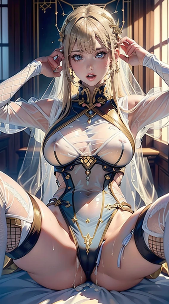 Overhead Shot,Floating on water,Lie in,behind,stretch,Spread your legs,One girl,(Highly detailed skin),Curvy,,Beautiful breasts,Large Breasts,Pale skin,Pointed Chest,Erect nipples,(Fantasy art,Best image quality,Surreal portrait,(8k),Ultra-realistic,最high quality, high quality, High resolution, high quality texture,Attention to detail,Beautiful details,Fine details,Highly detailed CG,Detailed Texture,Realistic facial expression,masterpiece,Presence,dynamic,bold),Bob Hair,(Very fine hairs),(Very soft hair),(Super Straight Hair:1.5),Long, slicked bangs,Very light coppery amber hair,Hair on one eye,(See-through costume:1.8),(Orgasm:1.7),