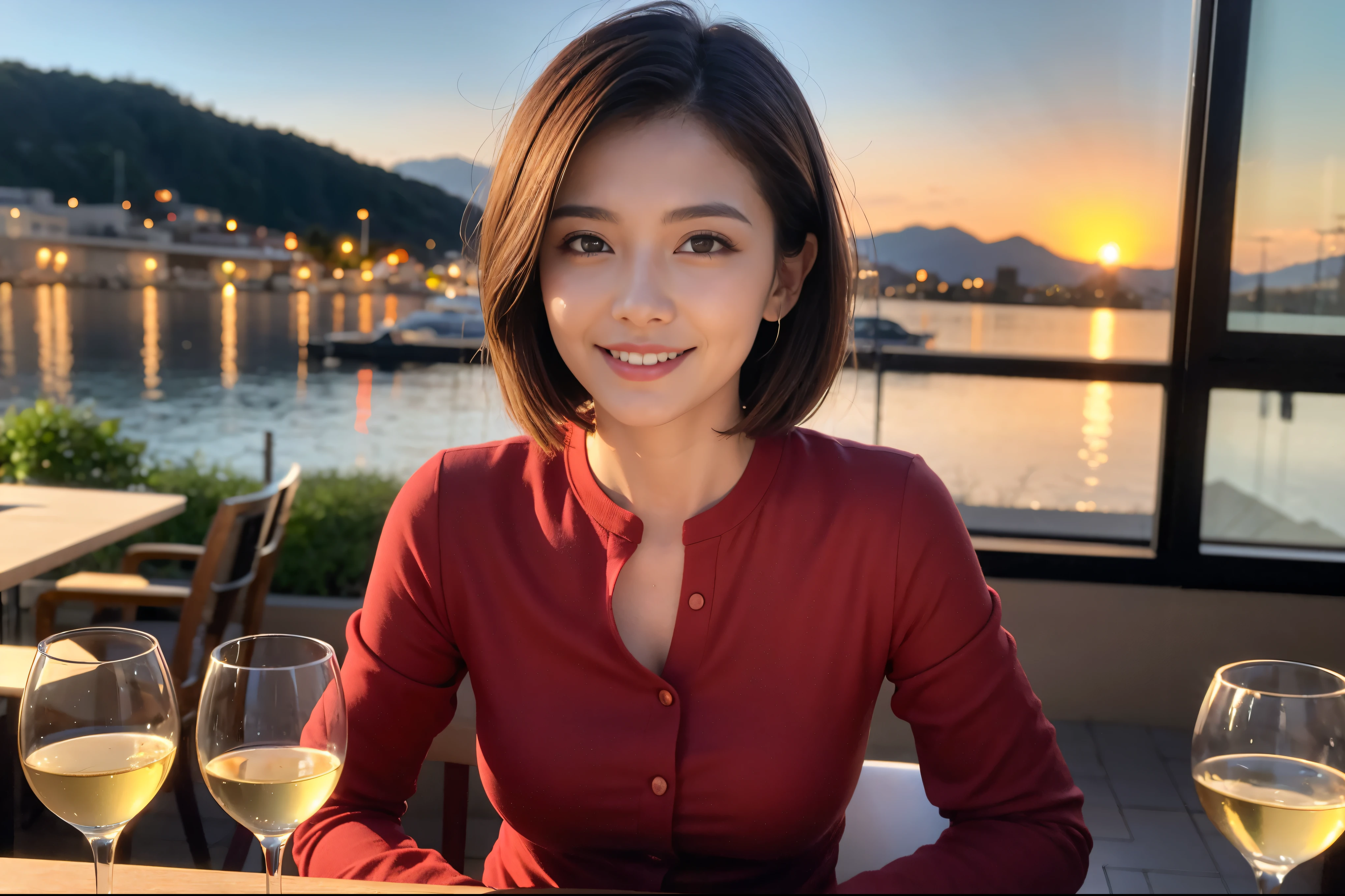 ((highest quallity、8k、work of art:1.3))、1 men、1 female、Spouse、I really like、cute couple、The body is Scrawny、テーブルの上のWine glass、Face lighting、full dinner、 Amazing view of the sunset sky and clouds、A bright ssmile、The wonderfulness of ssmile、Bright Picture、beautiful face, shorth hair,bright face、 (43 years old), 39 years old, wine red 、snacks、Italian food、wine bottle、Champagne、sparkling wine、two beauties、chestnut hair、Short Cuts、Long sleeve shirt、don、beautiful woman 1, (Scrawnyな顔), (The body is Scrawny), (chestnut hair), (Short Cuts), cheeks get a little red,Attractive beauty、restaurant, in a prominent place (From the waist up) New Frog Style, 女優, role model, trunk, White wine, Scrawny, Wine glass, 中央に置かれたWine glass, ssmile, (ssmile: 1.15), Beautiful fine grain, Depth f/2,saturation, hight contrast, strong light and shadow,moist body:1.5、3d texture、Delicate Eyes、chestnut hair、The hair is very shiny、