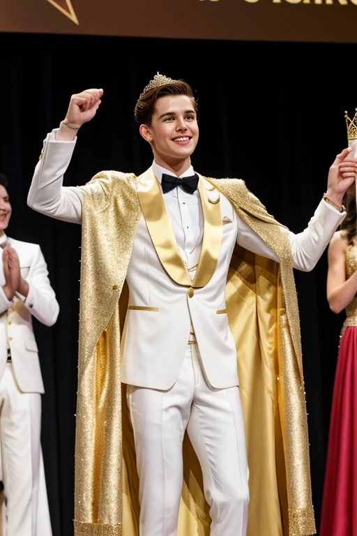 Young cute handsome man attends mister of beauty beautiful face skinny white suit and gold cape winner of crown the public applauds him and celebrates they give him a gift