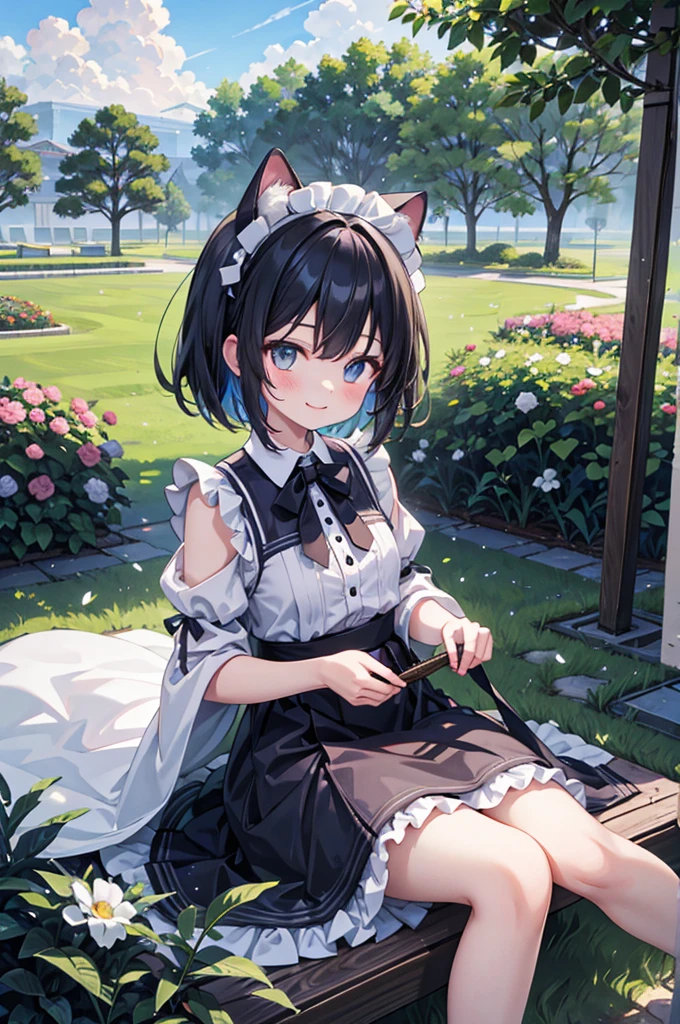 anime style, super fine illustration, highly detailed, dynamic angle, beautiful detailed, 8k, Summer afternoon in the garden, BREAK a girl present for viewer with smile.BREAK A shower of sprinklers pours down. BREAK A rainbow appears in the sky.BREAK maid,white cat years,girl,short hair,