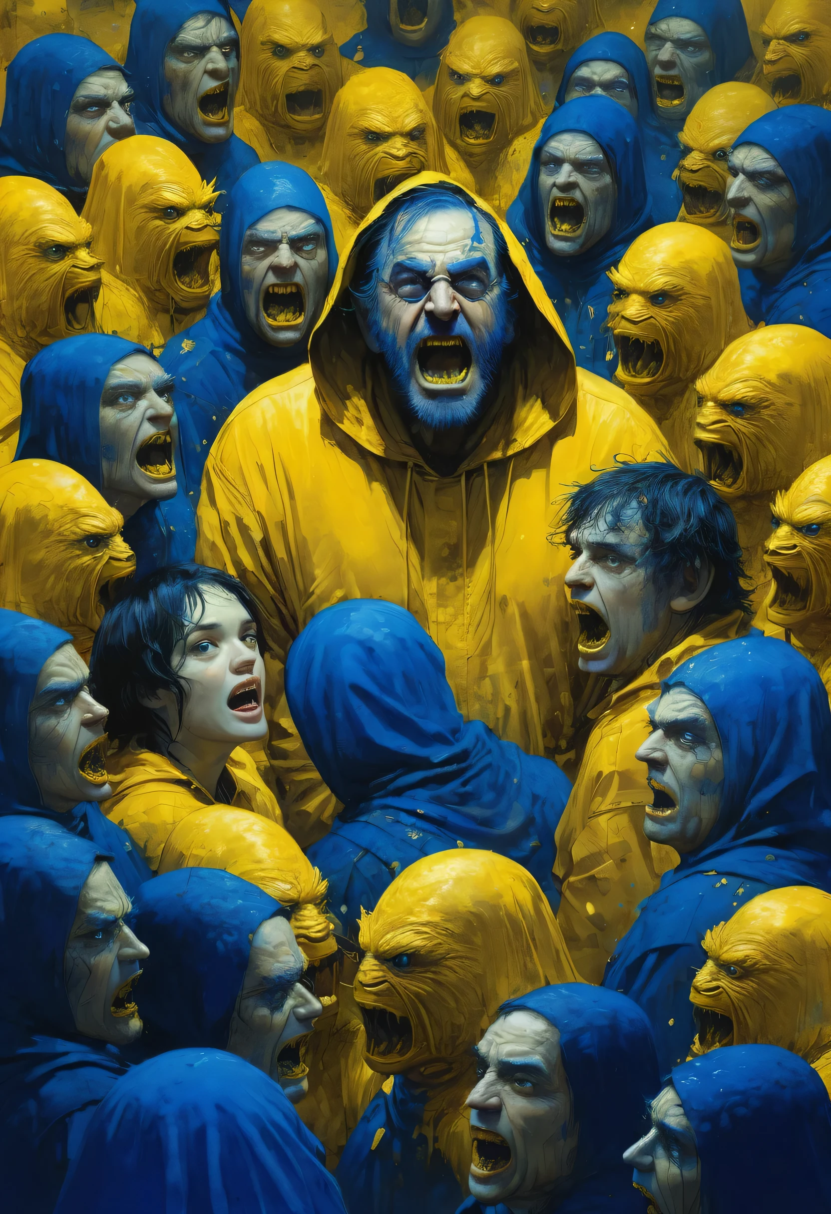 Chat spammer, meme guy, clows, memes, storytelling artwork, big background of a chat app, chat apps icons, little characters, horror movie scene, blue and yellow, royal blue and golden yellow, 4D, 8K, photorealistic, dreamlike, big and complex composition, masterpiece, artwork by Jeremy Mann, artwork by Beksinski, artwork by Bernie Wrightson, Impressionism