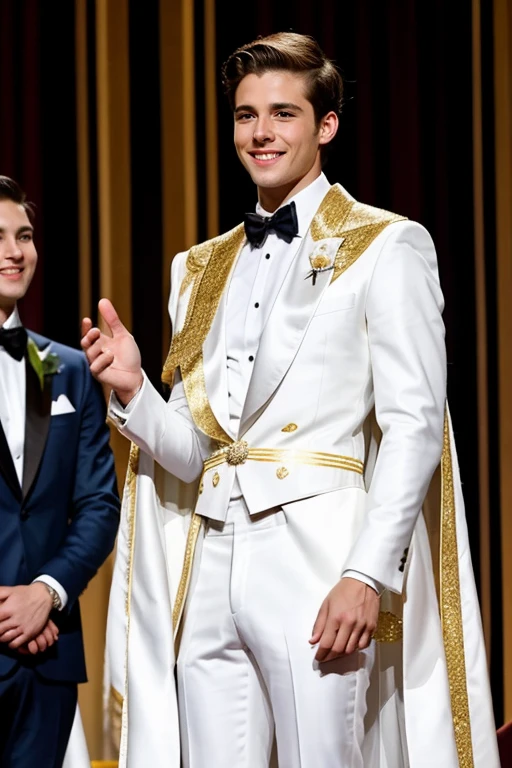  Young cute handsome man attends mister of beauty beautiful face skinny white suit and gold cape winner of crown the public applauds him and celebrates they give him a gift 