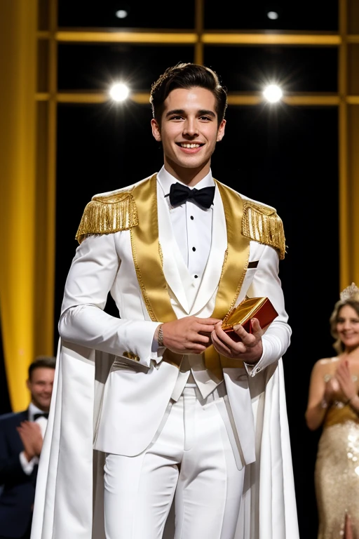 Young cute handsome man attends mister of beauty beautiful face skinny white suit and gold cape winner of crown the public applauds him and celebrates they give him a gift