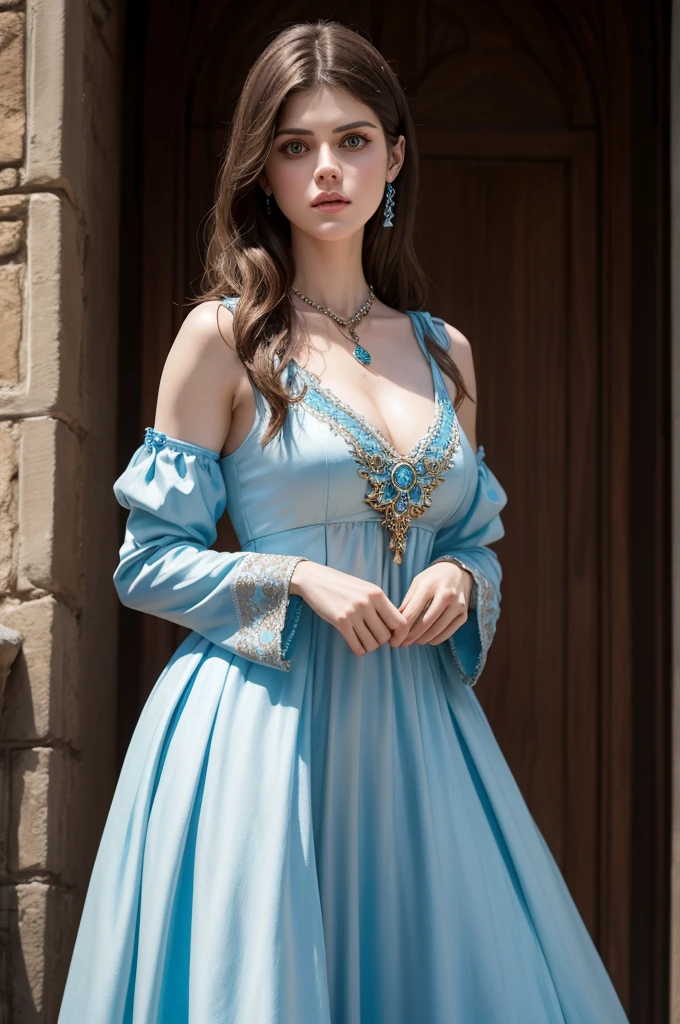 Create Alexandra Daddario in a beautiful light blue medieval dress, with jewelry