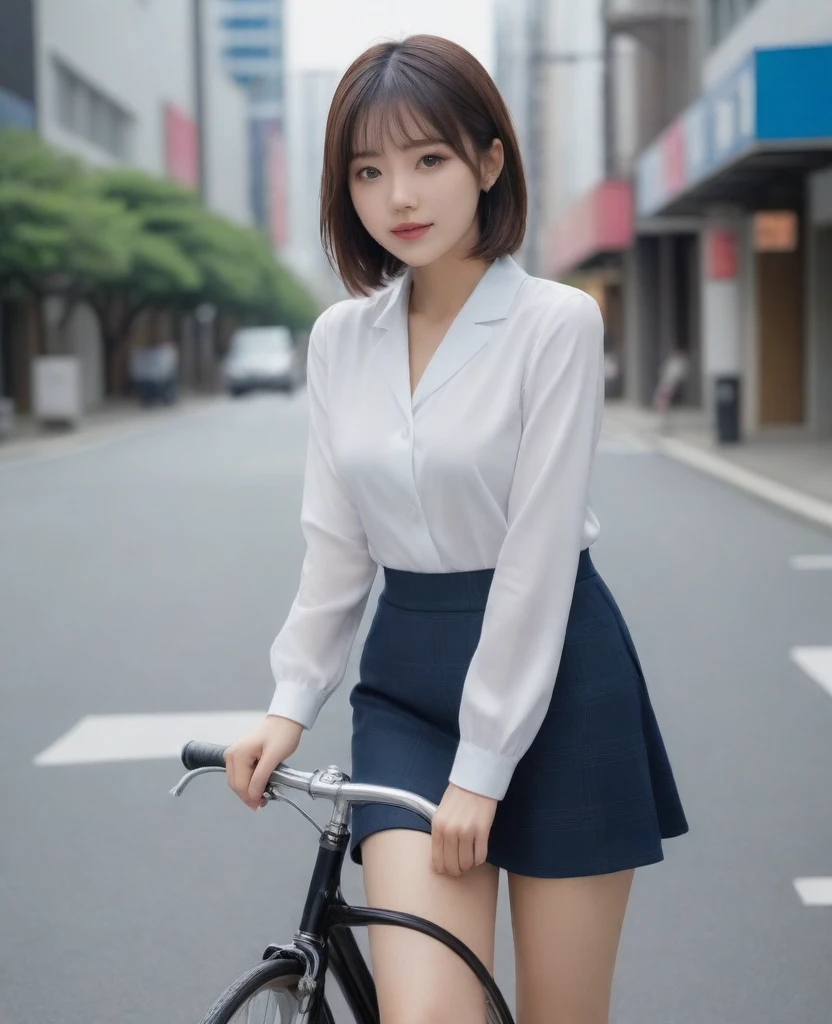 8k, photo realistic, Scores 9, 8, 7, 6, medium closeup, detailed, very sharp, vivid, solo, biking through Tokyo street, high heel, long legs, beautiful eyes, office suits, cycle basket, (((riding bicycle:1.5))), bicycle, short hair, exact front view, very low angle:1.5, going fast,  depth of field, beautiful breasts, slender,  the most beautiful woman, double eyelid, beautiful japanese woman, 25 yo, strong wind, slim beautiful legs, sexy pantie stocking, foot on pedal, hip on saddle, upskirt