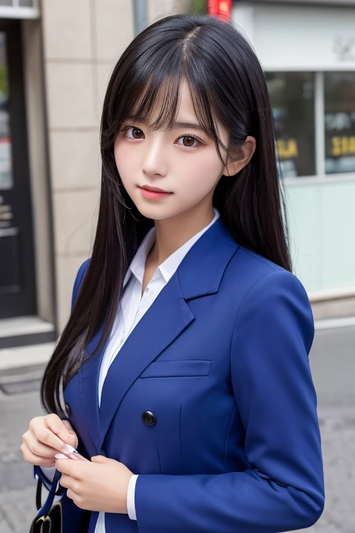 A beautiful girl、uniform、White shirt、long cut ,Blue Blazer、Beautiful black hair、high resolution、Upper Body、Bust size K cup