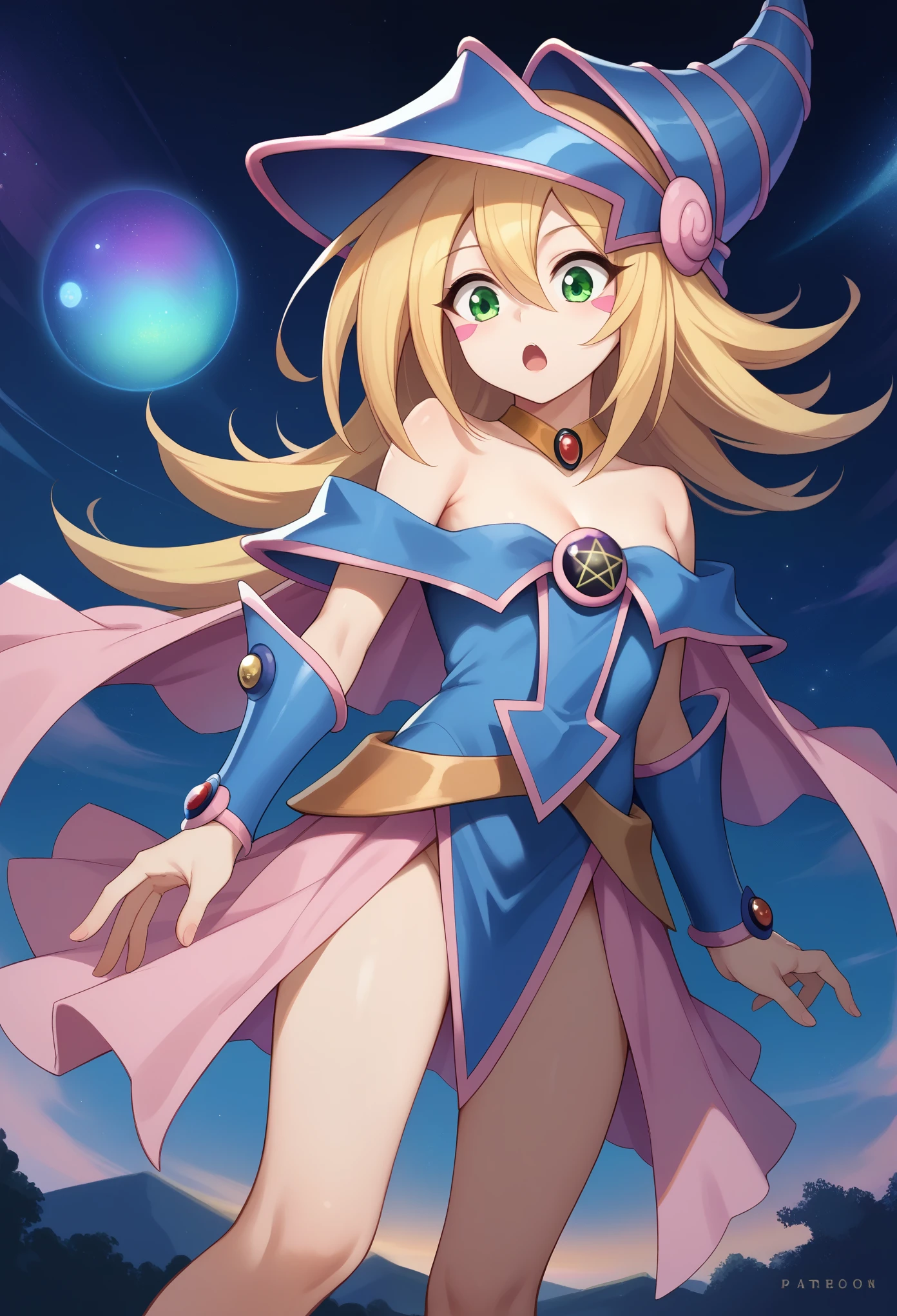 score_9, score_8_up, score_7_up, 1girl, solo, (teen:1.5), teenager, dark_magician_girl,blonde_hair,duel_monster,1girl,long_hair,green_eyes,bare_shoulders,wizard_hat, flat chest, no cane, cleavage,hair_between_eyes, standing, surprised face, open mouth, opened hands, looking down, fantasy, galaxy,
