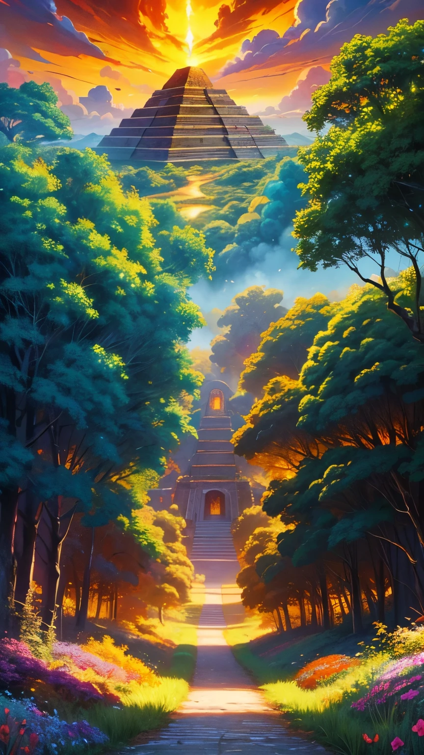 A stunning colorful Alice in Wonderland-like background. The sky is very dynamic and glowing with dramatic, fiery, detailed clouds in shades of orange and yellow, casting a warm glow over the lush, colorful jungle foliage. A winding path leads through the wildflower field towards a Mayan pyramid, creating a serene and inviting atmosphere. anime, 4k, crystal clear.