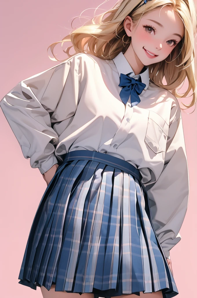 high resolution,smile,happy,light smile,woman,woman1人,adult,Clear,cute,
Blonde Hair,BREAK, Brown eyes,BREAK, high school girl,uniform,white long sleeve y-shirt,BREAK,
Pleated skirt with dark blue plaid pattern,BREAK,hairpin,
Facing forward,BREAK,Pink background,