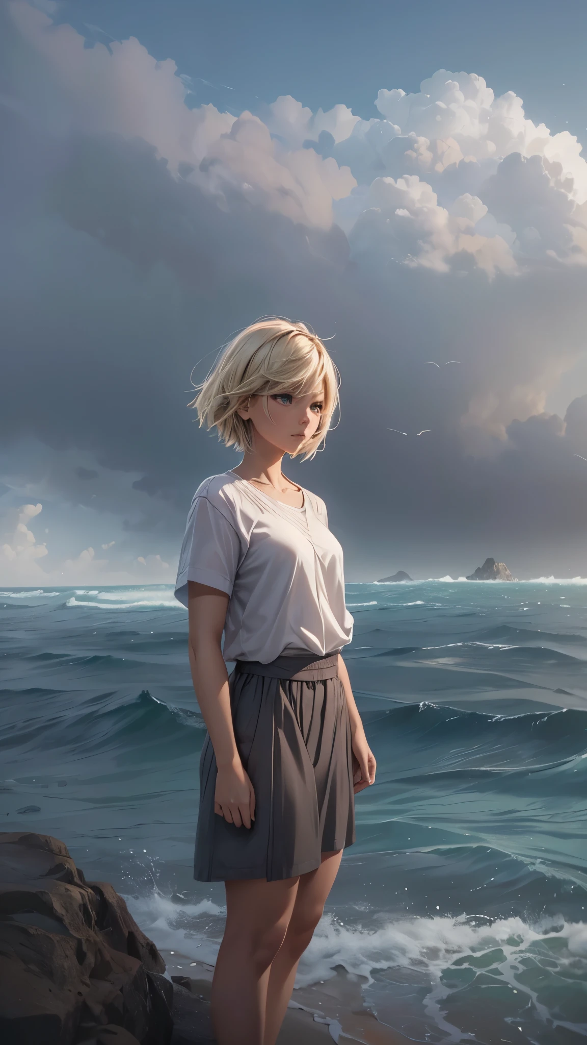 A 20 year old girl with short blonde hair standing alone on a small island in the sea, serene ocean waves, overcast sky, peaceful atmosphere, photorealistic, highly detailed, 8K, (best quality,4k,8k,highres,masterpiece:1.2),ultra-detailed,(realistic,photorealistic,photo-realistic:1.37),HDR,UHD,studio lighting,ultra-fine painting,sharp focus,physically-based rendering,extreme detail description,professional,vivid colors,bokeh