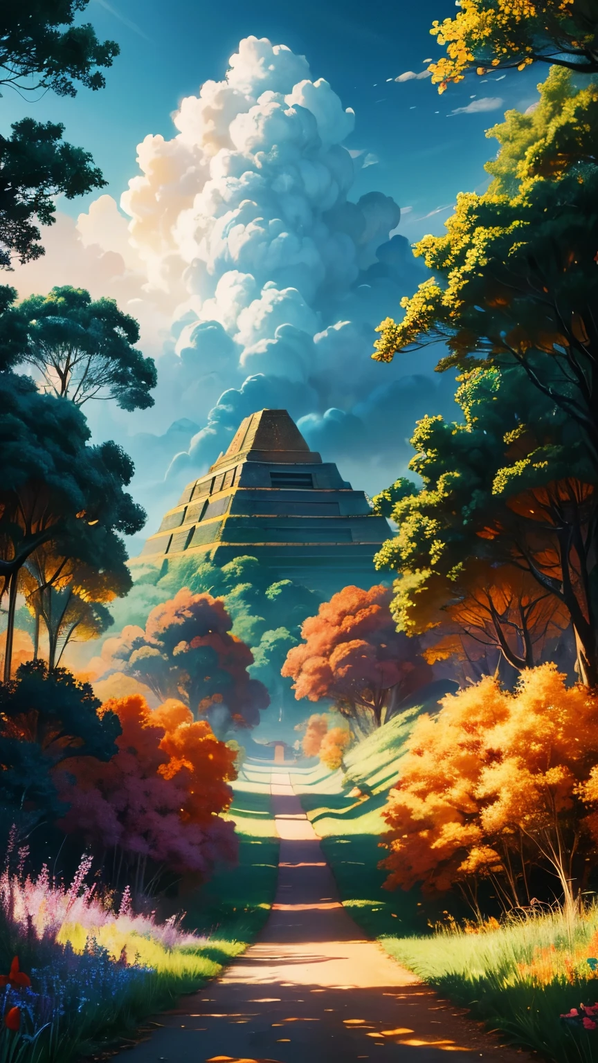 A stunning colorful Alice in Wonderland-like background. The sky is very dynamic and glowing with dramatic, fiery, detailed clouds in shades of orange and yellow, casting a warm glow over the lush, colorful jungle foliage. A winding path leads through the wildflower field towards a Mayan pyramid, creating a serene and inviting atmosphere. anime, 4k, crystal clear.