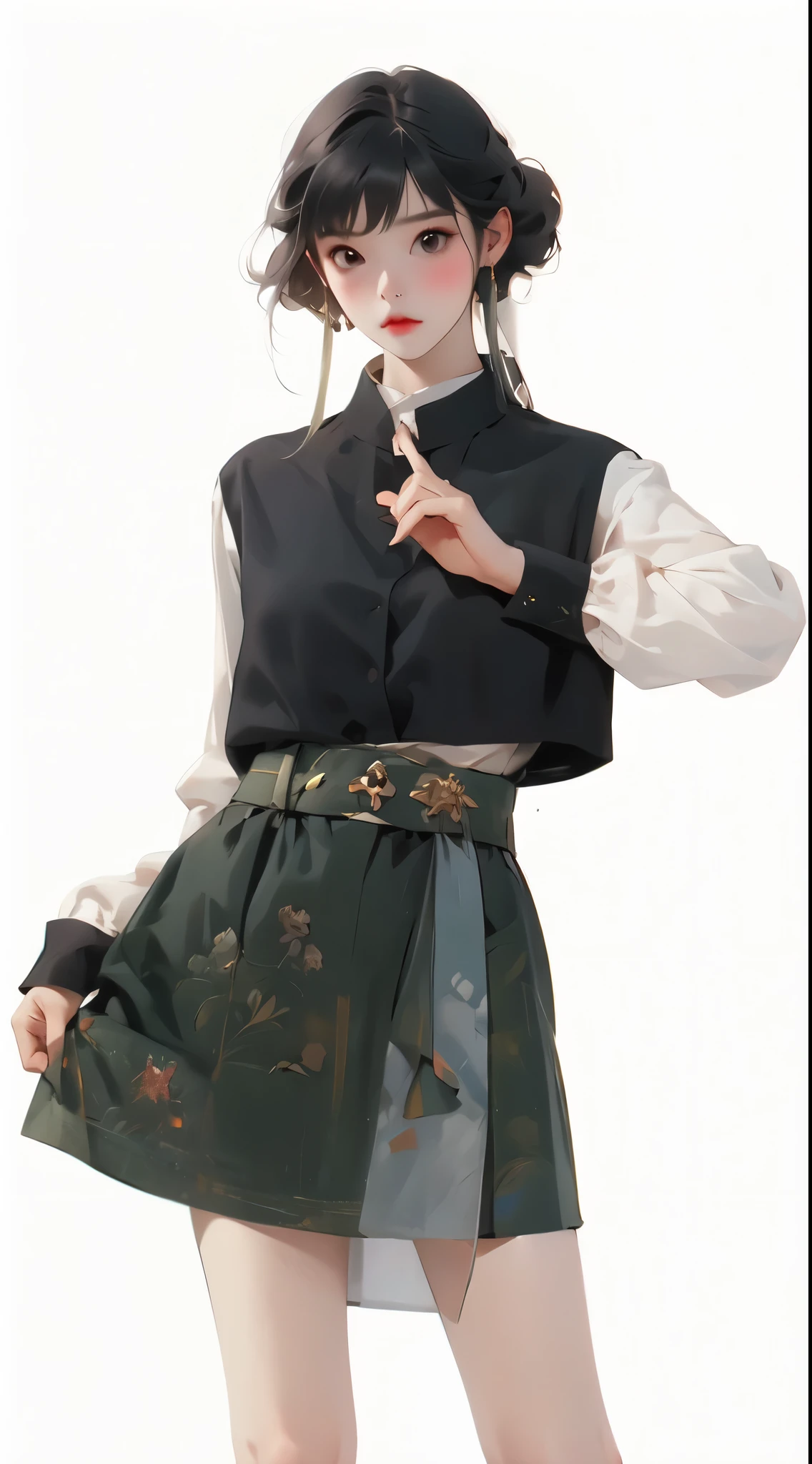 masterpiece, Top quality, Cowboy lens,Women's Focus,,Gold pattern on the dress,(1 Girl,solo,White background,Simple background,Hair Bun,Black Hair,skirt,belt,Looking at the audience,earrings,Jewelry,Long sleeve,Hammerhead,黑色skirt,Standing,Realism,Lips,Bangs,belt,中国风skirt,index finger raised,permanent, Looking at the audience,Shut up,,Simple background,Solid color background,Light background