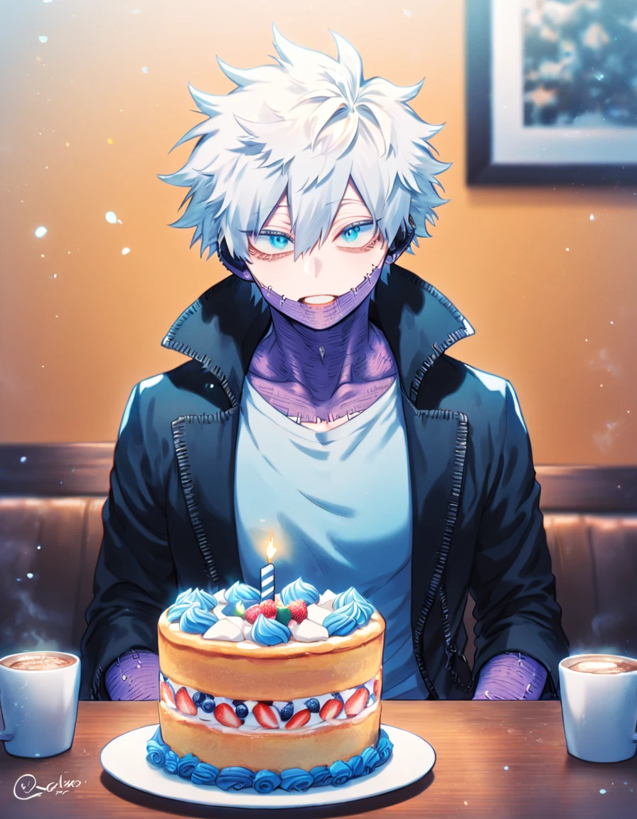 absurdres, highres, ultra detailed, HDR, master piece, best quality, extremely detailed face, delicated features, Dabi, black hair, expressive turquoise eyes, Boku No Hero Academia, Gojou Satoru, white hair, expressive blue eyes, white eyelashes, two sexy men sitting together, solo, gay couple, yaoi, handsome, black coat, blue jacket with fur, fantasy, sitting at a table, cafe, eating a cake