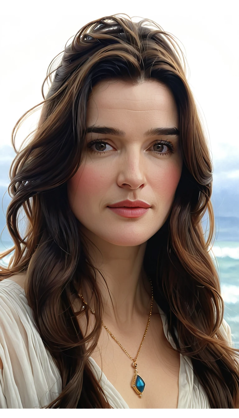 a close up of a woman with long hair and a necklace, rachel weisz portrait, high quality portrait, rachel weisz, tom bagshaw weta studio, tom bagshaw portrait, realistic portrait, detailed illustration portrait, detailed character portrait, julie dillon, digital illustration portrait, digital portrait, character art portrait, realistic female portrait, detailed color portrait, portrait illustration