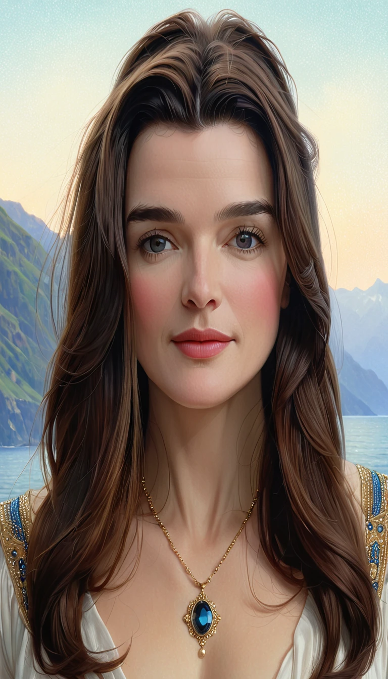 a close up of a woman with long hair and a necklace, rachel weisz portrait, high quality portrait, rachel weisz, tom bagshaw weta studio, tom bagshaw portrait, realistic portrait, detailed illustration portrait, detailed character portrait, julie dillon, digital illustration portrait, digital portrait, character art portrait, realistic female portrait, detailed color portrait, portrait illustration