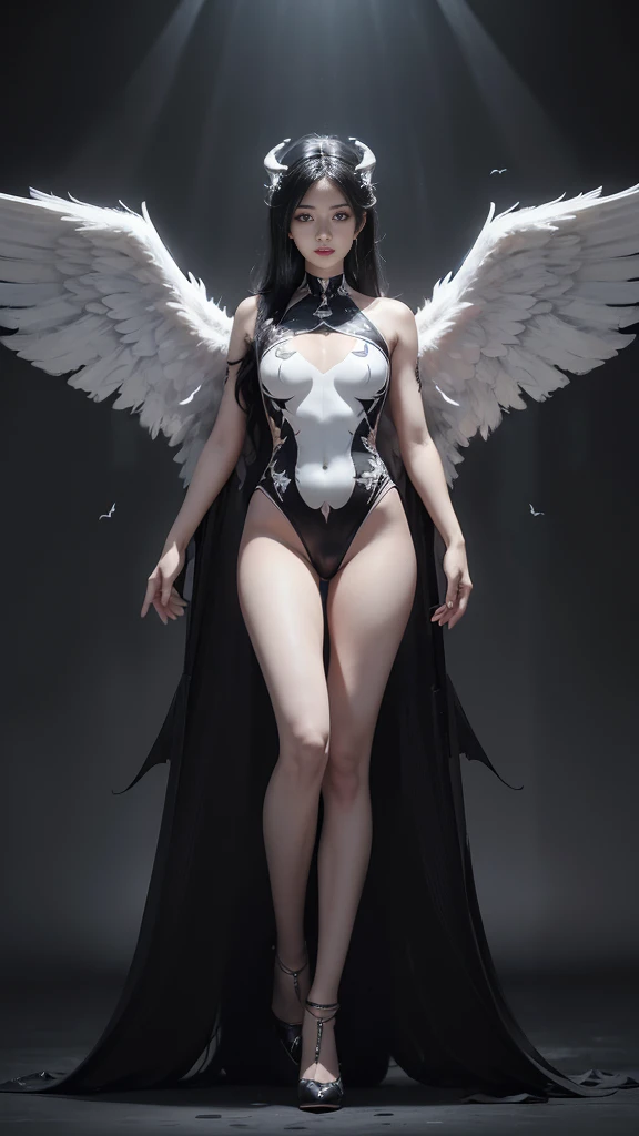 emphasis on wings, wings on shoulder, Angel wings and devil wings, white wings and black wings, (Realistic picture, highest resolution, 16ก), (A demon god with wide wings and enormous power on his shoulders..., Twelve wings on the shoulders., black bat wings:1.3 white angel wings:1.5), 6 angel wings, 6 devil wings, (Beautiful girl with two meter long hair, shiny black hairงาม, Smooth white skin, Lips are very red.), ((stand, already)), (big breasts, หัวBig tits), (gigantic breast, breast augmentation, Breast 400 cc., small waist, hips raised, small thighs, Long legs), A gigantic rift, large breasts, (dynamic poses), (Armor that slightly conceals the body), Separate theme, (Angel wings and devil wings), floating in the air above the groundดิน, background darkness, Embraced with twelve wings, The horns that grow from the head are like a crown., He who has light, wears little armor, There is power coming out of the body., sparkling wings, white light black light, amazing wings, beautiful gesture, 8K resolution, Resolution 4000 x 2250 pixels, beautiful gesture, Angel wings and devil wings, (Realistic picture, highest resolution, 16K), (A demon god with wide wings and enormous power on his shoulders.., Twelve wings on the shoulders., black bat wings:1.3 white angel wings:1.5), Angel wings and devil wings, white wings and black wings,, Have wings 100 Have wings 1000, Angel wings and bat wings, wings inserted between wings, 12 wings, 6 angel wings, 6 bat wings, Angel wings and devil wings, white wings and black wings,, (Beautiful girl with two meter long hair, shiny black hair, Smooth white skin, Lips are very red.), very long hair, ((stand, toe)), (big breastsโต, หัวBig tits),  A gigantic rift, large breasts, (gigantic breast, small waist, hips raised, small thighs, Long legs), (dynamic poses), (black and white leotard, There are beautiful patterns., Decorated with gold embroidery., Show off your chest), Separate theme, (Angel Wings and Demon Lord Wings), floating in the air above the ground, background darkness, Embraced with twelve wings, He is white and black., A rainbow glow on the back of the head, The most busty breasts, Big tits, universe backdrop, dynamic gesture, Drive the skin, Smooth white skin, (The wings are in layers, alternating with white, alternating with black. The wings are alternating with layers of white, alternating with layers of black, and alternating again.), gold pattern set