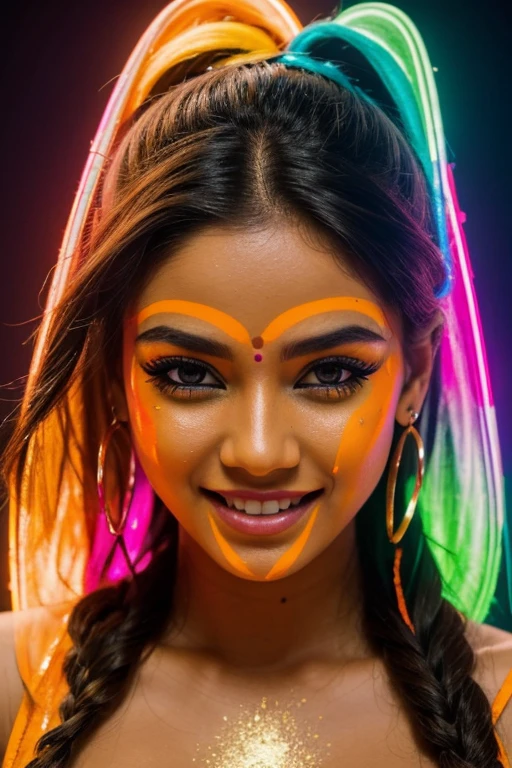 create a beautiful electronic pop singer, in pop artist pose, close-up no rosto dela, painting neon on the face near the eyes, artistic image with blurred effect on the background, with a perfect and sexy smile, with minimalist neon clothes, deep decolte, slim and toned body, gentle curves, rosto cativante e realisitic Linda e sensual morena peituda atlética (glad) with striking facial features, orange long hair, big breasts wearing a renaissance dress, in a studio with lights in the background, No Shoulders, corset, vivid neon orange dress, in a tight rebirth, forst. big breasts underneath,(better quality image,4K,8k,High definition,Artwork:1.2),ultra details,(realisitic,realisitic,realisitic:1.37)。Indian festivals,Indian traditional dress, deep decolte, painting festival,sprayed ink:1.37.beautiful indian girl,Colorful face paint,gold eyes,exquisite gold jewelry,happy,long and wavy brown hair, happiness,contagious smile,colorful costumes,colored fingernails,sprayed ink on body,Colorful paint splashes at events,fundo de splash do paint,Colorful spray painting,energetic movement,Dynamic and powerful abstract art,rich colors,propylene,Vivid rainbow tones,happiness lively atmosphere,orange glowing,Pink,whimsical and dreamy,Spontaneous splashes,Bold color contrast。