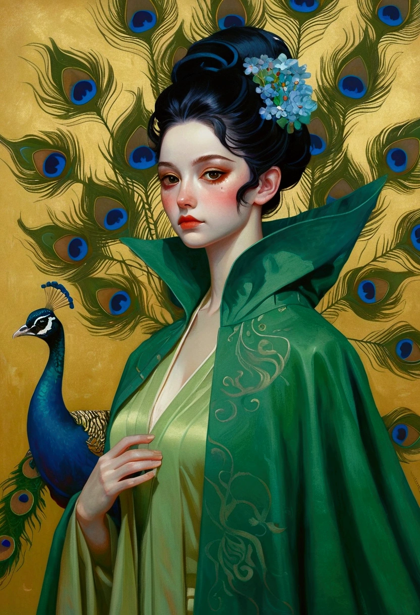 Painting of a woman in a green cloak and a peacock, Tom Bagshaw Donato Giancora, Donato Giancola and Tom Bagshaw, By Martin Johanna, james jean 和 wlop, James Jean Andre Ryabovich, jc leyendecker and sachin teng, Beeple 和 Jeremiah Ketner, james jean 和 peter mohrbacher