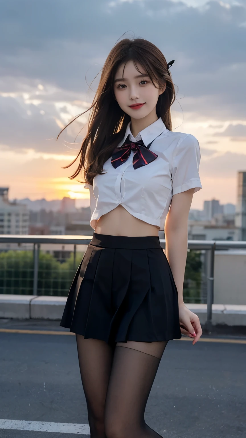 Best quality， Ultra-high resolution， Face Focus（truly：1.6），Cute hairpin，Baoyu girl，1 Girl, Beautiful slim woman:1.4, Abdominal muscles:1.2, (Brown hair,Medium breasts:1.4), shirt:1.1, Rooftop（Depth of Field：16）,Rooftop,Red sunset,Ultra-thin face，Exquisite eyes，Double eyelids，Smile，whole body，Thin legs，Long legs，Standing，Dance moves，Slender legs，I can see your thighs，白色shirt，Bow tie，JK Skirt，Collar（1.8），Black translucent stockings（1.6）