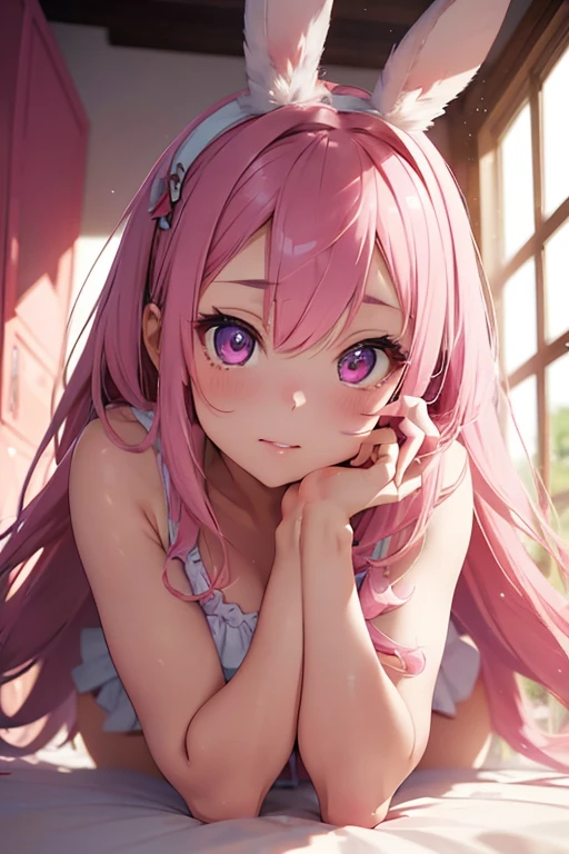 cute girl, bunny girl, pink hair, ultra-realistic, extremely detailed, 8k, photo-realistic, studio lighting, glowing, anime style, beautiful detailed eyes, beautiful detailed lips, longeyelashes, pink and pastel colors, seductive pose, cute rabbit ears, detailed facial features, on all fours, looking at viewer, pink color theme