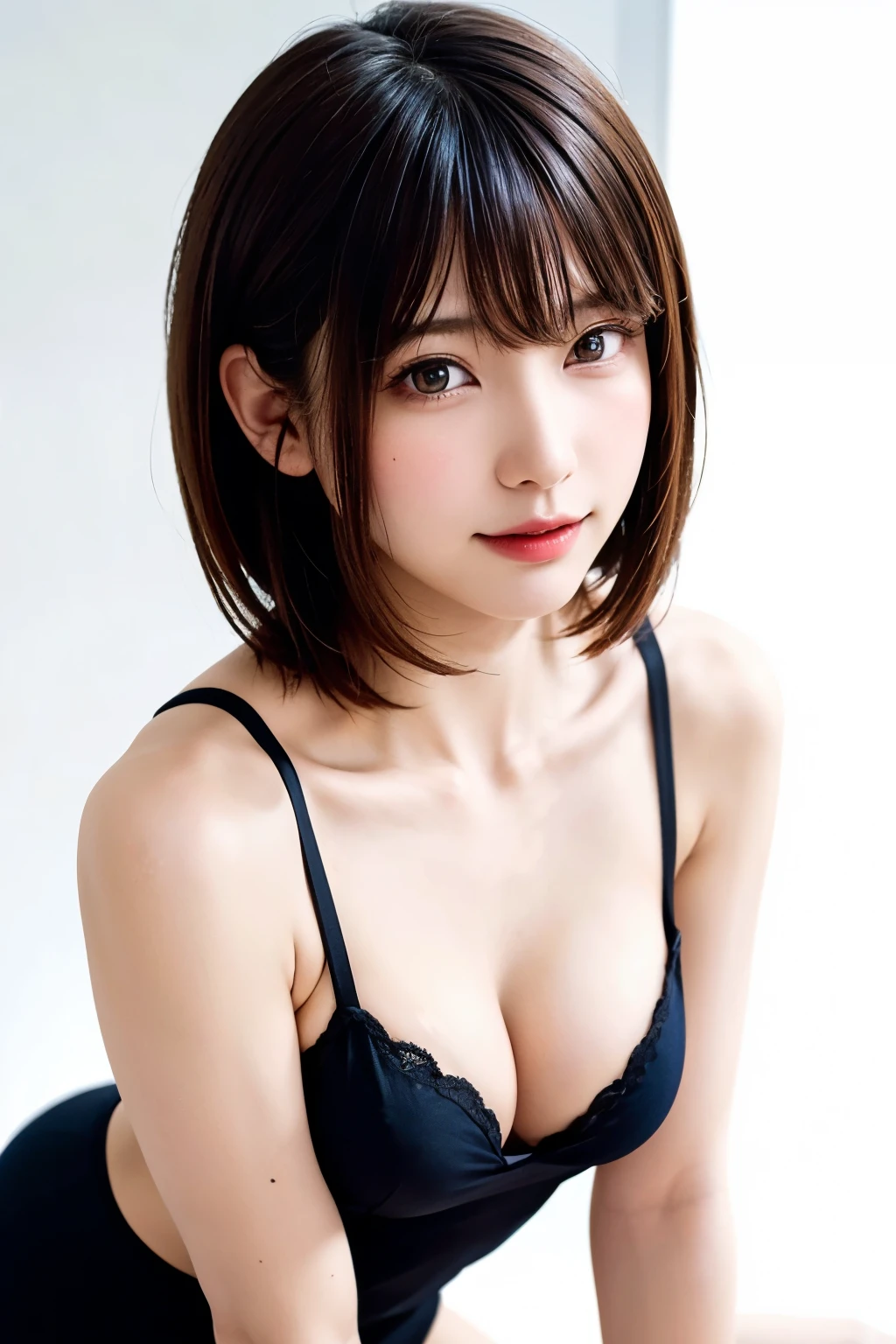 ((masterpiece, Highest quality, High resolution、Everything is beautifully detailed)), 1 girl, (Realistic: 1.4), alone, White Background, snow-White Background, Mouth closed, smile, smile, Beautiful black hair, short hair, Big eyes, Transparent double eyelids, eyelash, Listen carefully, Long neck, 美しくLong neck, Absolute area, ((Face close-up)), (Draw the whole head, shoulder), 19 years old, Attractive proportions, Glowing Skin, Beautiful clavicle, Golden ratio face, Perfect Face, Teardrop-shaped mole, chestのほくろ, bangs, clean bangs, beautiful bangs, Lip gloss, Thin lips, Fair skin, naked, Big Breasts, {Huge|big|Hugeな|Mega} chest, chestの谷間,Small face, Small face, All the heads are painted, shoulder all drawn, Point slightly above the camera