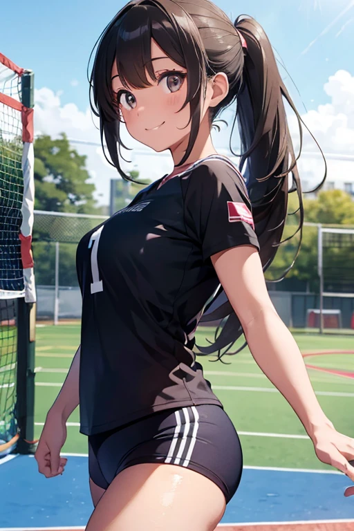 A beautiful young girl in a volleyball uniform, long flowing hair, big bright eyes, cute smile, athletic posture, outdoor volleyball court background, natural sunlight, vibrant colors, highly detailed, photorealistic, cinematic lighting, 8k, best quality, masterpiece